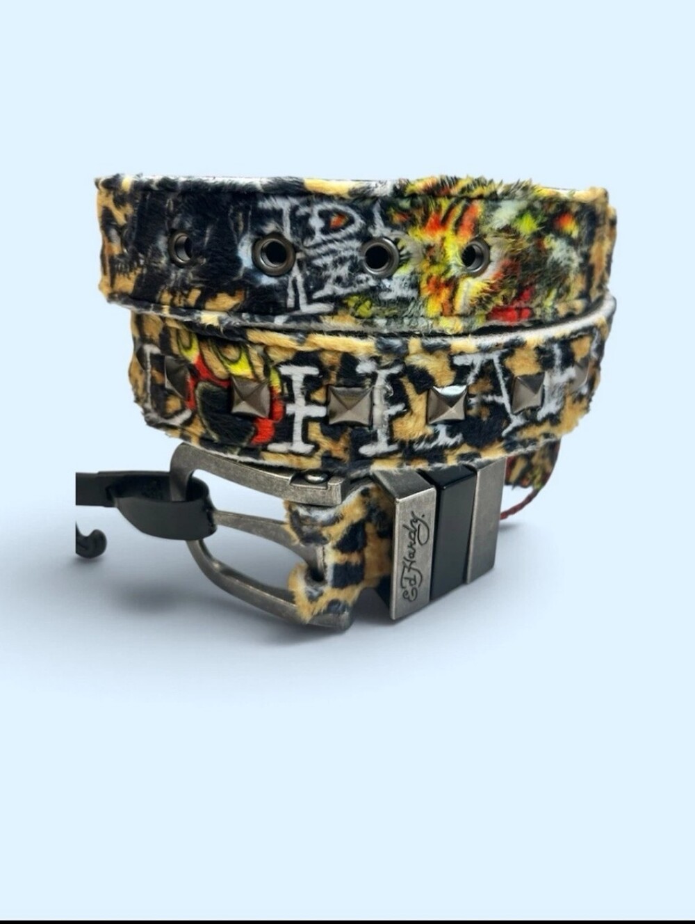 Ed Hardy Faux Fur Tiger Print Belt Stud Sz 40 Multicolor NWT
